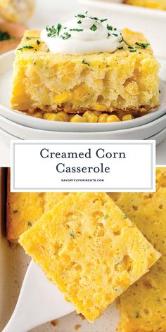 corn casserole with sour cream on top is shown in three different photos and the title below reads, cremed corn casserole