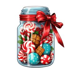 a glass jar filled with candy canes and candies next to a red bow