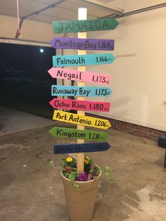 a wooden sign with many different colored signs attached to it's sides in a parking garage