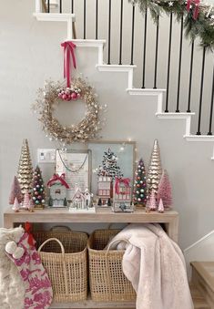 christmas decorations on the stairs in a home