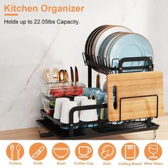 the kitchen organizer holds up to 22 dishes capacity, and is made from black metal