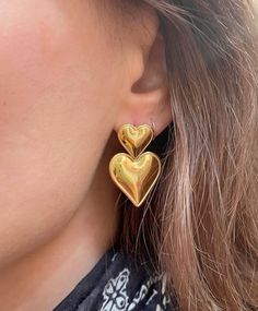 #jewelry #jewelrydesigner #jewelrytrends #jewelryaddict #jewelryaesthetic #jewellerydesign #jewelrymakingsupplies #jewelrytrends Tarnish Resistant Heart Earrings, Gold Plated Double Heart Earrings, Nickel-free Double Heart Gold Earrings, Nickel-free Gold Double Heart Earrings, Gold Double Heart Nickel-free Earrings, Tarnish Resistant Metal Drop Heart Earrings, Tarnish Resistant Metal Heart Drop Earrings, Everyday Double Heart Earrings, Trendy Gold Jewelry With Heart Print