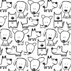 a black and white drawing of many dogs