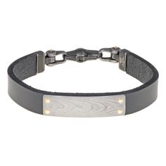 "A Damascus steel inset gives this men's leather bracelet a unique look. BRACELET DETAILS Length: 8 1/2-in. Closure: lobster claw clap Metal: Damascus steel Plating: black ion Finish: polished Packaging: boxed Nickel free Size: 8.5"". Gender: male. Age Group: adult. Material: Stainless Steel." Leather Bracelet With Stainless Steel Clasp, Minimalist Leather Bracelets For Everyday Use, Everyday Minimalist Leather Bracelets, Classic Rectangular Leather Bracelets, Classic Rectangular Leather Bracelet, Modern Leather Bracelet For Everyday, Modern Leather Strap Bracelets, Rectangular Leather Bracelet For Everyday Use, Modern Leather Strap Bracelets For Everyday