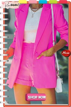 Standards Pocketed Bright Color Blazer Shorts Suit Womens Pant Suits Fashion, Solid Color Summer Blazer, Casual Pink Summer Blazer, Womens Pant Suits, Summer Blazer, Pant Suits, Singapore Malaysia, Pantsuits For Women, America And Canada