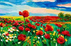 an oil painting of red and yellow flowers in a green field with blue sky above