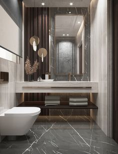 a bathroom with marble flooring and walls, along with a white bathtub in the middle