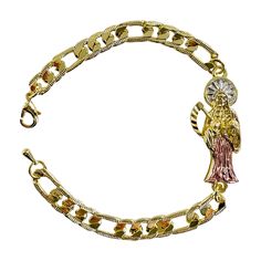 a gold bracelet with an angel on it