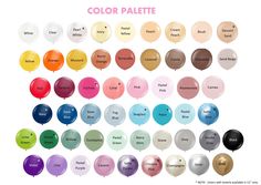 balloons with different colors and names are shown in this poster for the color palettes