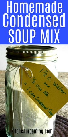 homemade condimented soup mix in a mason jar with a tag on the lid