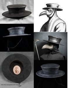 four different hats and one with a bird's head in the top right corner