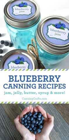 blueberry canning recipe in mason jars with text overlay