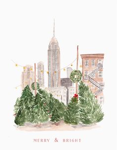 watercolor painting of christmas trees in front of the empire building