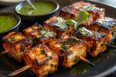 several skewers of food on a plate with dipping sauces