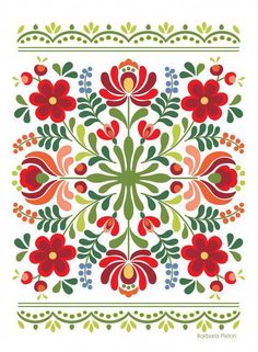 a floral design with red flowers and green leaves on a white background, in the middle of