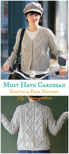 two pictures of a woman wearing a sweater and riding a bike with the words must have cardigan knitting free pattern