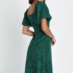 Emerald Green Floral Jacquard Midi Dress Emerald Green Dress Church, Dark Green Winter Dress, Modest Emerald Green Dress, Green Dress For Wedding Guest, Barn Wedding Guest Outfit, Chartreuse Wedding, Emerald Green Maxi Dress, Dark Green Prom Dress, Dresses Emerald Green