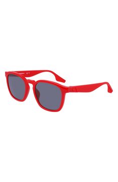 Upgrade your sunny-day style with rounded square sunglasses featuring recycled PET frames with integrated nose pads. 52mm lens width; 20mm bridge width; 140mm temple length   100% UV protection   Recycled polyethylene terephthalate   Imported Functional Red Sunglasses For Outdoor, Red Lense Sunglasses, Red Square Frame Sunglasses For Beach, Modern Red Tinted Shield Sunglasses, Red Square Frame Sunglasses With Uv Protection, Pet Frame, Rounded Square, Polyethylene Terephthalate, Square Sunglasses