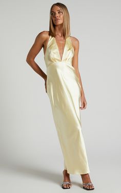 Prima Maxi Dress - Detachable Rosette Plunge Satin Dress in Butter Yellow | Showpo USA Chic Tie-back Satin Dress For Wedding, Chic Satin Tie-back Dress For Wedding, Satin Dress With Back Opening For Date Night, Elegant Satin Dress With Tie Back For Date Night, Chic Satin Wedding Dress With Tie Back, Spring Wedding Satin Dress With Tie Back, Chic Satin Tie-back Dress For Formal Occasions, Chic Satin Tie Back Dress For Formal Occasions, Chic Backless Satin Dress For Dinner