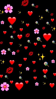 many hearts and flowers on a black background