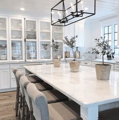 a large kitchen with white cabinets and marble counter tops is pictured in this image, there are several plants on the island