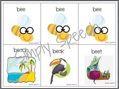 four cards with pictures of different animals and words in the same language, including bees