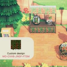 an animal crossing game with flowers and plants on the ground, in front of a brick wall