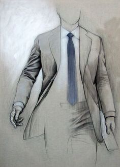 a drawing of a man in a suit and tie with his hand on his hip