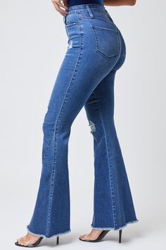 Talk about booty for days! These Women's High Rise Extreme Flare Sustainable Jeans will have you turning heads! Designed with a super high-rise, a zip fly with button closure, classic five pocket construction, a super trendy flared fit with unfinished hem, and belt loops. This pant was made from recycled plastic bottles so it's eco-friendly, creating less landfill waste than your traditional jean. Why choose between sustainability and being fashionable when you can have both, babe? Style with a High-waist Flare Jeans With Zipper Closure For Fall, High Waist Stretch Flares With Frayed Hem, Stretch High Waist Flares With Frayed Hem, High Waist Frayed Hem Flares For Fall, High Waist Flares With Frayed Hem For Fall, Mid-rise Flare Jeans For Fall With Zipper Closure, Fall Mid-rise Flare Jeans With Zipper, Fall Mid-rise Flare Jeans With Zipper Closure, Trendy Wide Leg Flare Jeans With Zipper Closure