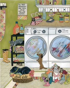 a painting of a dog sitting in front of a washer with clothes on the floor