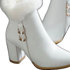 White Ankle-high Winter Heels, White Ankle-high Heels For Winter, White Closed Toe Heels For Winter, White Round Toe Winter Booties, White Winter Ankle Boot Heels, White Pointed Toe Winter Booties, White Pointed Toe Booties For Winter, White Ankle Boot Heels For Winter, White Formal Winter Boots