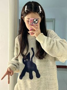 Harajuku style sweatshirt in apricot with black cat illustration Japanese Street Style, Oversized Knitted Jumper, White And Black Cat, Sweater Streetwear, Long Sleeve Sweaters, Knitted Cat, Cat Themed Gifts, Harajuku Style, Cat Hoodie