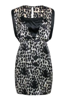 Current Boutique-Reiss - Black & White Patterned Silk Satin Layered Cocktail Dress Sz 8 Trendy Fitted Satin Dresses, Chic Silk Mini Dress For Party Season, Glamorous Black Silk Mini Dress, Chic Satin Lined Dress, Chic Lined Satin Dress, Chic Satin Lined Mini Dress, Chic Lined Satin Mini Dress, Chic Satin Mini Dress, Lined, Trendy Lined Party Dresses