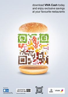 an advertisement for a restaurant with a hamburger and qr code in the middle of it