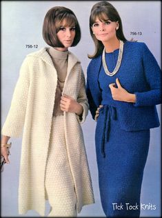 Vintage crochet pattern PDF to make both a Long Coat & Skirt Set and a Dress & Jacket Set for women or teenage girls, circa 1960's. The long coat & skirt set, known as a "walking suit" (at left in photo), is crocheted in sport weight yarn on a size 1 steel crochet hook (equivalent to a US size C or 2.75mm) at a gauge of 5 shells = 3" (7.6cm). The dress & jacket set (at right in photo) is crocheted in worsted weight yarn on a size 0 steel crochet hook (equivalent to a US size D or Crochet Outerwear, Crochet Coats, Antique Crochet, Textured Crochet, Crochet Cardigans, 1960's Fashion, Coat Skirt, Vintage Knitwear, Crochet Collection