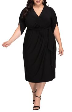 Modeled on the classic wrap dress, the Eden Faux Wrap Dress features a faux tie belt that accentuates your curves to create an elegant hourglass silhouette. The ruched high-low sleeves add an unexpected update to this little black dress. Designed exclusively for curvy figures in women's plus sizes. -Material: Self: 95% Polyester, 5% Spandex/Lining: 100% Polyester -Care Instructions: We recommend machine washing inside out in cold water on the gentle cycle. Do not bleach. Lay flat to dry. Cool ir Black Wedding Guest, Black Wedding Guest Dresses, The Eden, Guest Attire, Drape Sleeves, Wedding Attire Guest, Black Wrap Dress, Elbow Length Sleeve, Faux Wrap Dress