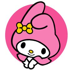 an image of hello kitty with pink hat and bow on it's head in a circle