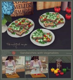 an image of sandwiches with vegetables on them in the middle of three photos, and then being cut into smaller pieces