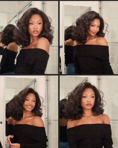 80s Black Woman Hair, Black Woman Straight Hairstyles, Old Hollywood Curls Black Women, Blowout Hairstyles For Black Women, Feminine Hairstyles Black Women, Soft Dramatic Hairstyles, Feminine Aesthetic Black Women, 90s Blowout Hair Black Women, Feminine Outfits Black Women