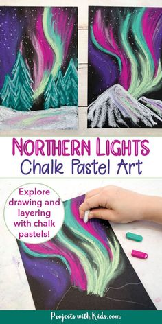 Christmas Art Chalk Art Techniques, Art Projects With Oil Pastels, Elementary Projects Fun, Art Classroom Activities, Chalk Northern Lights, Northern Lights Chalk Art For Kids, Northern Lights Art Project For Kids, Emily Carr Art For Kids, Oil Pastel Art Projects For Elementary