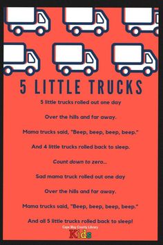 the five little trucks poem is shown in blue and red, with four smaller trucks behind it