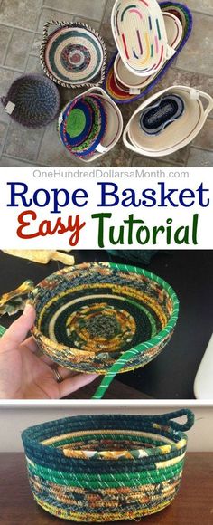 the rope basket is made with different colors and sizes, but it's easy to make