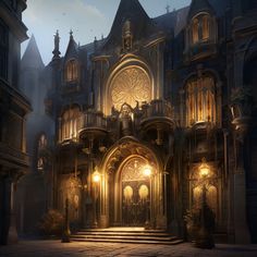 an artistic rendering of a gothic - style building with stairs and lights in the entrance