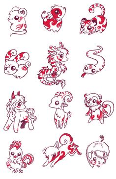 some cartoon animals are drawn in red ink