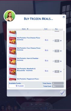 the menu for frozen meals is displayed in this screenshot