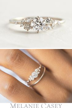 three different types of engagement rings with diamonds on top and bottom, one in white gold the other in yellow gold