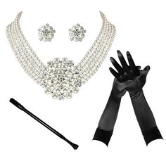 PRICES MAY VARY. Rofify Jewelry Set includes: The 4 piece jewelry set includes faux pearl necklace with flower pendant and earrings,long black satin opera gloves and a long extendable holder. Necklace and Earrings Introduction: 5 strand pearl necklace with flower pendant Length: 16.1″;Faux Pearls Earrings Gloves Introduction: Unique vintage With a simple long length 21" that goes with just about anything ,the Lightweight Long Black Satin Gloves,and you’ll feel like graceful refinement all evenin Hollywood Glamour Jewelry, Old Hollywood Accessories, Vintage Hollywood Jewelry, Black Opera Gloves, Hollywood Jewelry, Audrey Hepburn Inspired, Glamour Jewelry, Satin Gloves, Holly Golightly