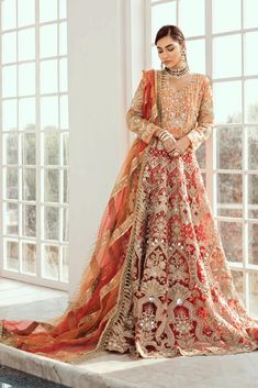 Pakistani Eid Outfit in Orange Red Color Close Up Bridal Dress Pakistani, Indian Long Dress, Light Orange Color, Pakistani Bridal Dress, Red Bridal Dress, Pakistani Formal Dresses, Indian Bridal Dress, Ghagra Choli, Pakistani Bridal Dresses