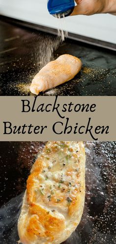 Top Photo: A Blackstone Griddle with a raw chicken breast topped with seasonings.  Bottom Photo:  A fully cooked chicken breast topped with garlic herb butter as it is cooking on a Blackstone Griddle. Blackstone Butter Chicken, Stuff To Make On The Grill, Sides To Make On Blackstone, Grilled Chicken Recipes Blackstone, Easy Griddle Meals Dinners, Keto Flat Top Grill Recipes, How To Cook Chicken On Blackstone Grill, Chicken Tenders Blackstone, Blackstone Chicken Recipes Easy