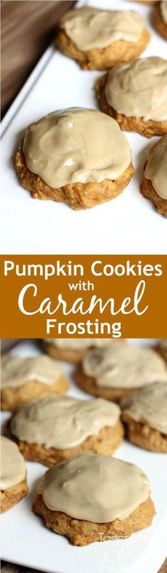 pumpkin cookies with caramel frosting on a baking sheet and in the background there is a white plate